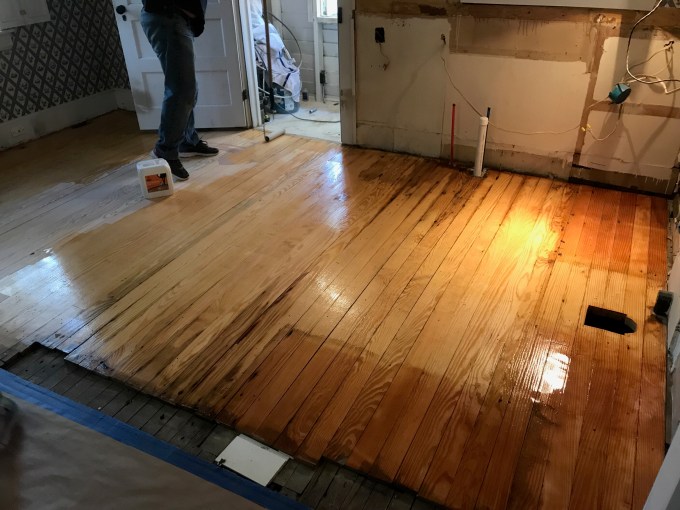 Gorgeous floors halfway through the first layer of finish! 